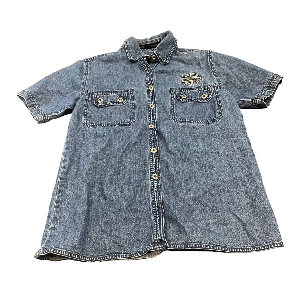 Harley Davidson Denim Shirt Wms M‎ Blue Embroidered Eagle Short Sleeve Button Up